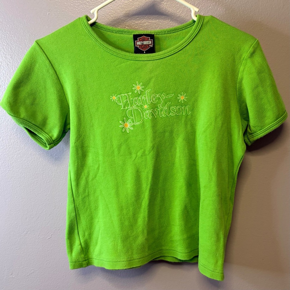 Vtg Harley Davidson Womens Green Floral T-Shirt Sz S Y2K Cropped Bikercore 2000s
